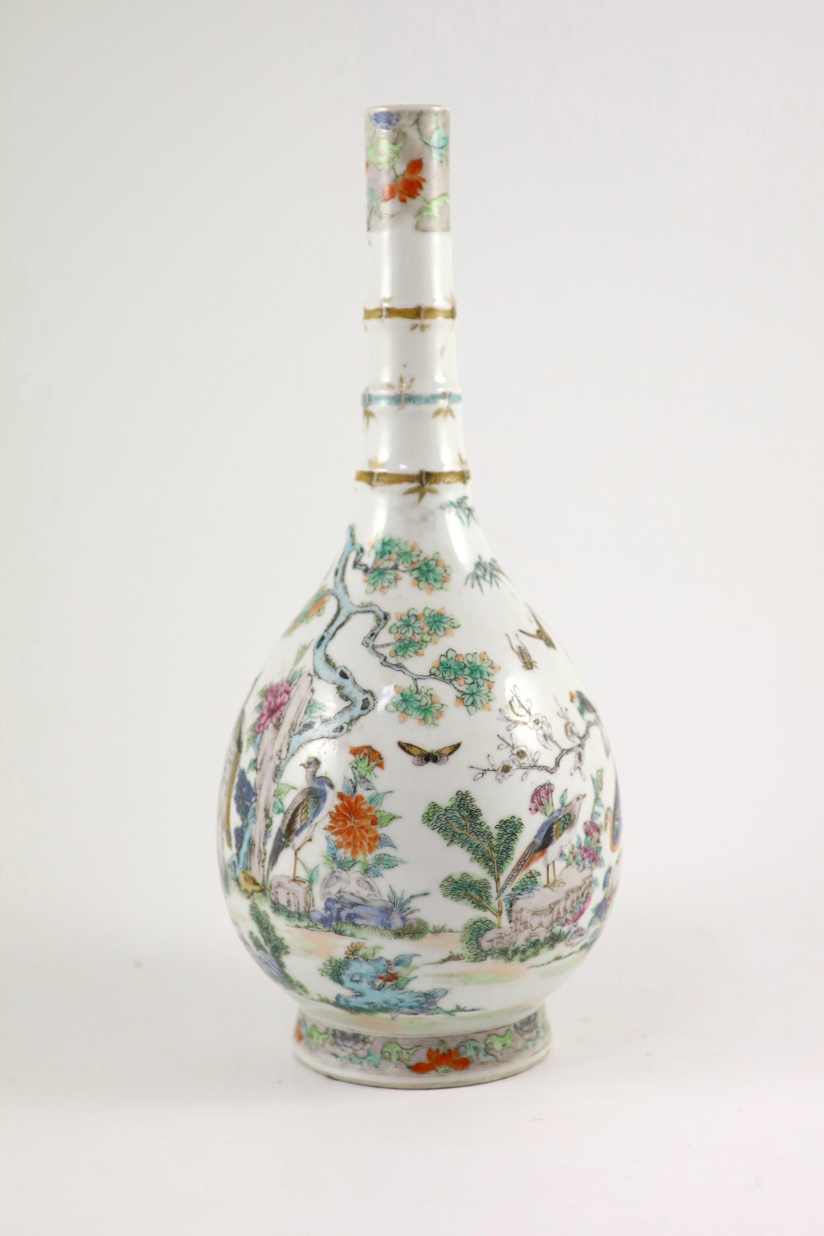 A Chinese famille rose ‘Hundred Birds’ bottle vase, late 19th century, 34.5 cm high